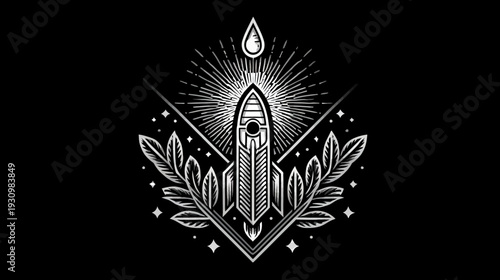 Black and white illustration features a rocket surrounded by stylized leaves and bursts of light