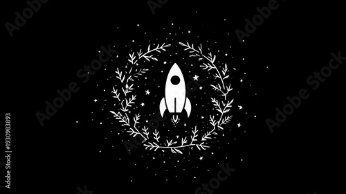 A white rocket blasting off, surrounded by stars and a leafy wreath, set against a black backdrop