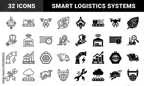Smart logistics and industrial automation hybrid icons featuring robotic arms with lightbulbs, warehouse drones, and artificial intelligence monitoring