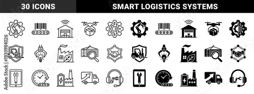 Smart industrial logistics and automation icons featuring hybrid designs merging mechanical gears with robotic arms digital circuitry and shipping symbols