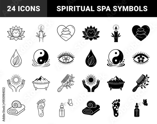 Collection of hybrid wellness symbols merging nature and spiritual elements featuring lotus clock bamboo candle yin yang water and zen stone motifs