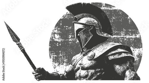 A Spartan warrior in detailed armor holding a spear, set against a distressed gray circle background