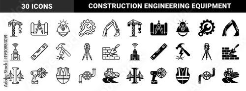 Construction and Engineering Hybrid Icons Merging Industrial Tools with Structural Elements and Technical Symbols in Dual Outline and Solid Styles