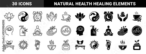 Holistic Wellness and Spa Therapy Symbols Featuring Hybrid Zen Elements Like Lotus Brain Yin Yang Water and Meditating Figure Minimalist Design