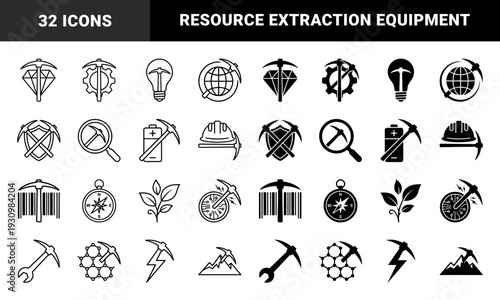 Mining and resource extraction symbols merging a pickaxe with diverse industrial elements like gear battery diamond and global logistics for mining operations