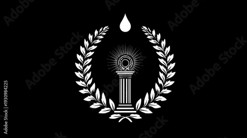 A white emblem features a pillar, laurel wreath, sunburst, and water droplet against a black background