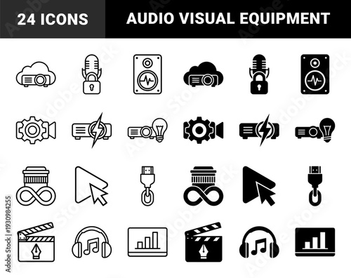 Multimedia production and audio visual editing symbols featuring hybrid metaphors like projector clouds microphone locks and gear cameras in line and solid styles