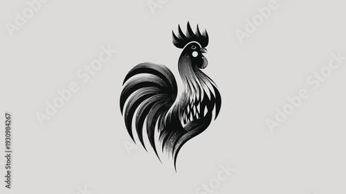 Stylized, monochrome illustration of a rooster with a detailed crest and flowing tail feathers