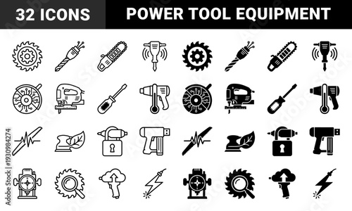 Hybrid Power Tool Symbols Merging Industrial Hardware with Digital Network and Ecological Elements in Dual Outline and Solid Style