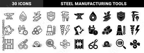 Heavy industry and metallurgy manufacturing icons featuring hybrid designs merging steel production tools with circular economy and smart technology symbols