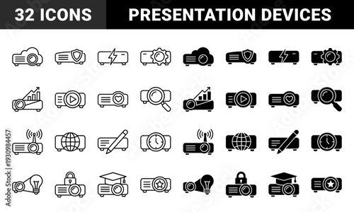 Projector multimedia hardware combined with functional symbols like cloud storage security data charts play button and educational cap in outline and glyph styles