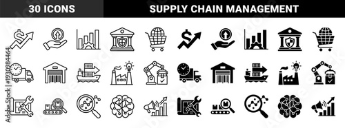 Industrial supply chain and logistics management icons featuring hybrid symbols of global commerce manufacturing automation and financial growth analytics