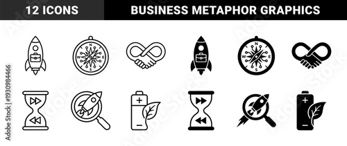 Hybrid conceptual icons combining business symbols with movement and growth including rocket briefcase compass clock handshake battery and leaf