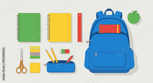 Blue School Backpack with Stationery and Apple.