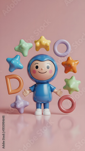 a cartoon character surrounded by stars and letters