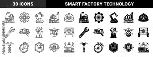 Industrial Smart Manufacturing and Automation Hybrid Icons Featuring Artificial Intelligence Factory Systems Robotic Logistics and Green Energy Solutions