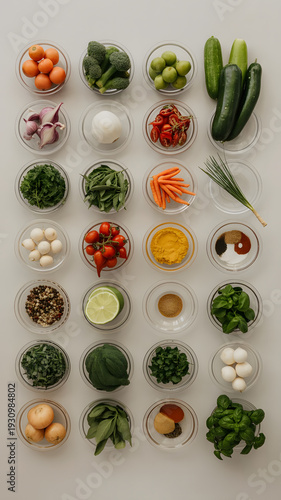 assorted vegetables and fruits in small glass bowls on table
