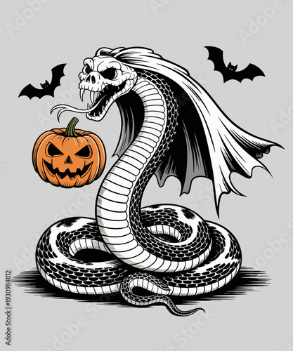 Funny Halloween Snake Dressed As Ghost With Jackolantern