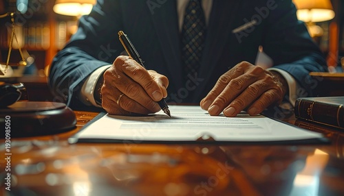 A professional's hands, dressed in a sharp suit, meticulously sign a vital document, symbolizing the decisive moment of legal agreement or contract finalization in a refined office environment