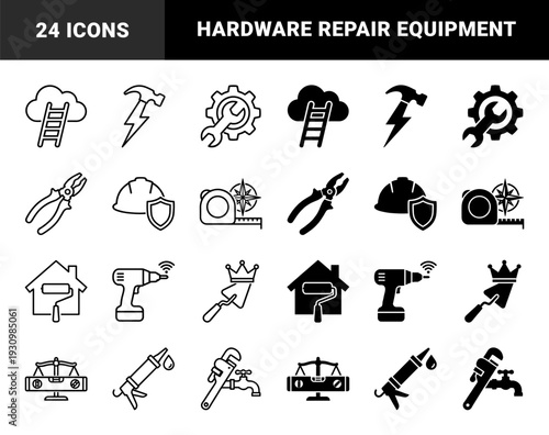 Construction and repair tools conceptual hybrid icons merging hardware equipment with industry symbols like clouds lightning bolts gears and measurement scales