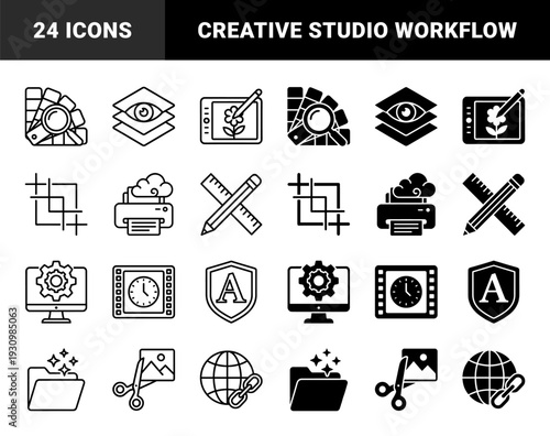 Graphic design and creative studio tools featuring hybrid symbols for digital art production image editing layout workflow and printing services