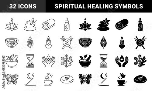 Wellness and Holistic Therapy Symbols Featuring Hybrid Concepts like Lotus Candle Flame Heart Hourglass and Zen Stone Floral Elements in Line and Solid Styles