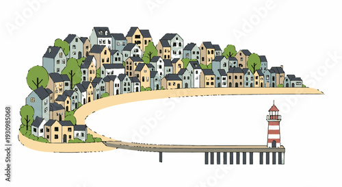 Colorful Coastal Village with Lighthouse Illustration.