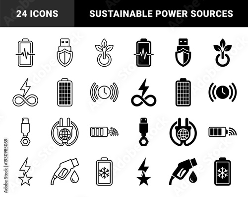 Hybrid energy and power management symbols featuring battery cells merged with lightning bolts infinity loops solar panels and eco friendly leaf sprouts
