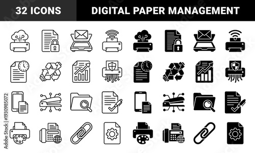 Hybrid Office Document Management and Digital Workflow Icons Featuring Combined Symbols for Cloud Printing Secure Filing and Data Destruction