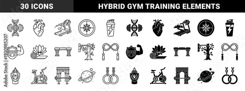 Hybrid fitness and wellness symbols merging exercise equipment with biological and environmental elements in a minimal line and solid style