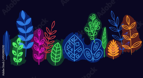 Colorful Neon Leaves on Dark Background.