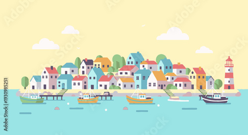 Colorful Village with Lighthouse and Boats.