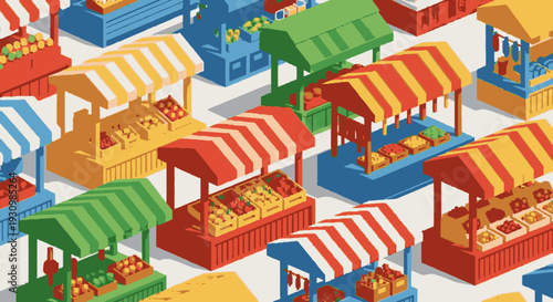 Colorful Market Stalls with Striped Canopies.