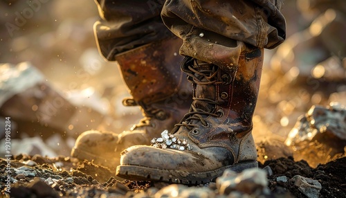 Close-up on weathered work boots resting on rocky terrain, illuminated by warm, low sunlight, suggesting hard labor or outdoor exploration