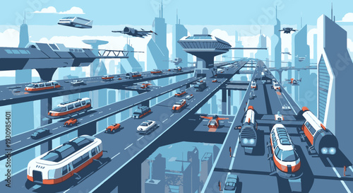 Futuristic Highway with Trains and Cars.