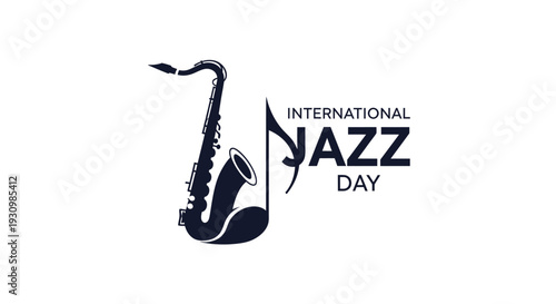 International Jazz Day Saxophone Logo with Music Notes on Isolated White Background