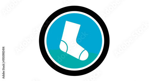 Simple White Sock Icon in Blue and Black Circular Emblem on Isolated White Background