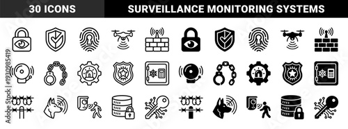Physical security and surveillance hybrid symbols featuring biometric scanning fingerprint padlocks drone monitoring and armored data protection elements
