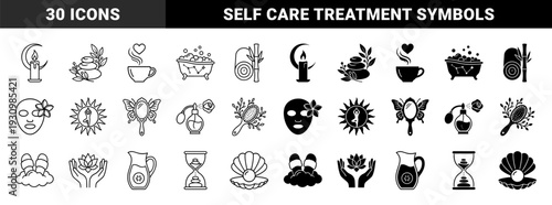 Wellness and self care hybrid icons featuring holistic symbols like moon candle aromatherapy stones butterfly mirror and lotus hands in dual line and solid styles