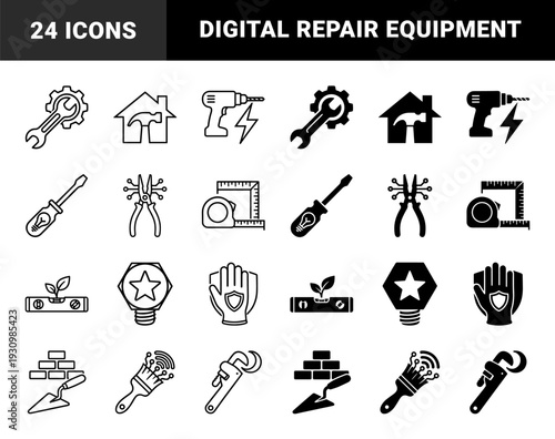 Construction and repair tools integrated with smart technology and digital connectivity symbols featuring outline and solid glyph styles for maintenance