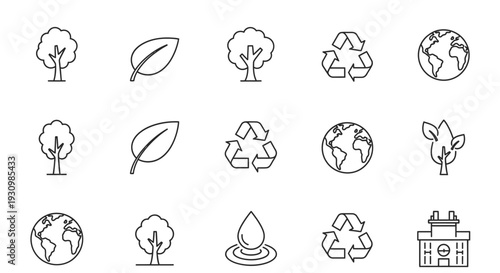 Collection of Environment and Nature Outline Icons on an Isolated White Background