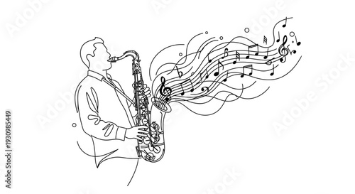 Continuous Line Art of Man Playing Saxophone with Musical Notes on Isolated White Background