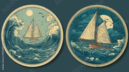 Vintage circular illustrations of sailboats at sea with detailed waves, moon, birds, and distressed texture