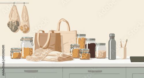 Handbag and kitchen items on countertop.