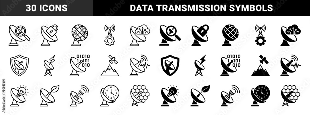 Fototapeta premium Satellite Dish Hybrid Concept Collection Combining Communication Technology with Data Security Science Nature and Time Management Symbols in Line and Solid Style