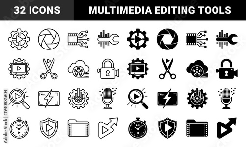Hybrid multimedia production and video editing symbols featuring camera lens aperture gear mechanisms and cinematic film strip processing elements
