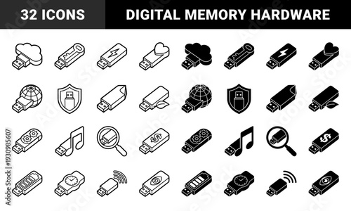 Isometric USB flash drive hybrid icons featuring conceptual symbols for cloud storage security data encryption and multimedia transfer in outline and solid styles