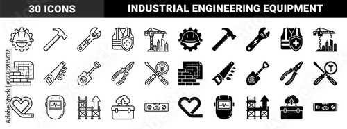 Construction and engineering hybrid icons featuring tool and metaphor combinations including gear helmet crane building and measuring tape heart