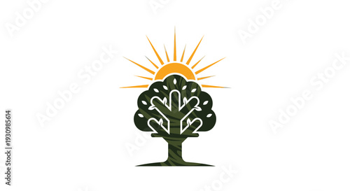 Creative Tree Logo with Brain Roots and Vibrant Sun on Isolated White Background