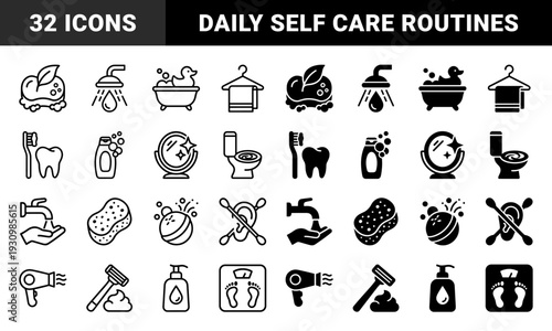 Comprehensive personal care and bathroom hygiene symbols featuring a dual style of linear outlines and solid silhouettes for daily grooming routines
